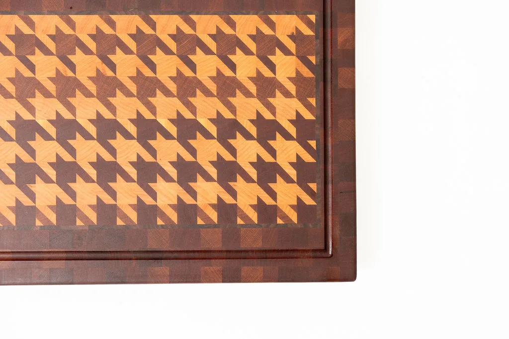 detailed view of a houndstooth patterned end-grain cutting board in cherry, walnut, and sapele — beth & co. woodworks, Sierra Vista, AZ