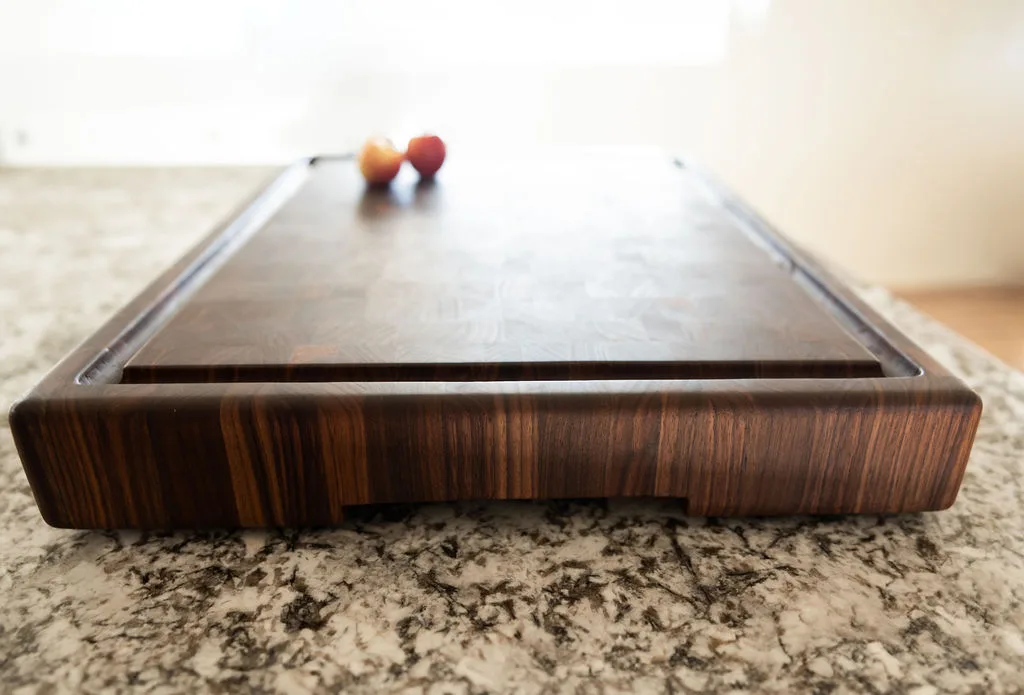 Side view of a solid walnut end-grain cutting board showing board thickness and construction — beth & co. woodworks, Sierra Vista, AZ