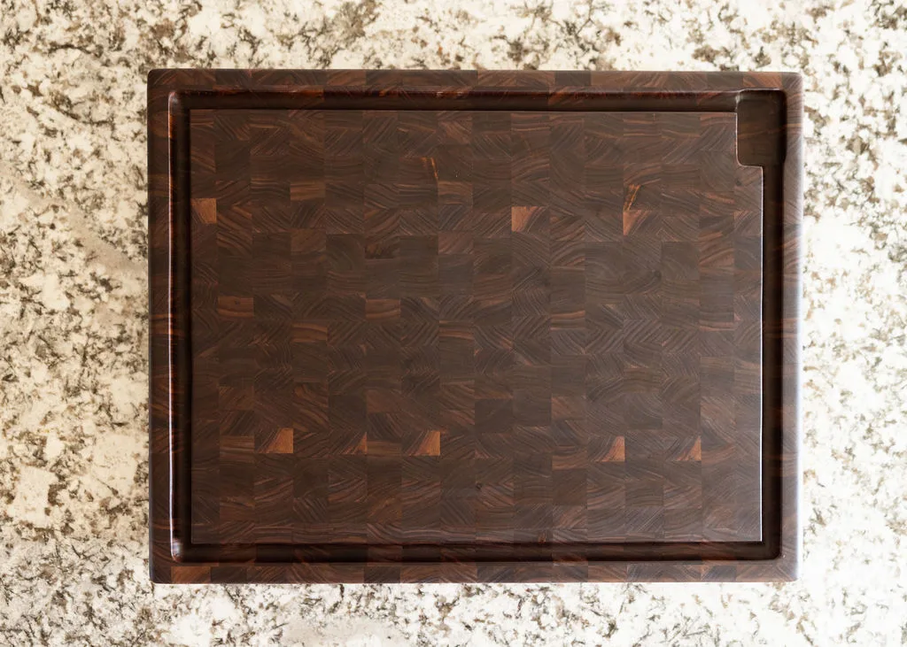 Top view of a solid walnut end-grain cutting board with natural oil finish — beth & co. woodworks, Sierra Vista, AZ