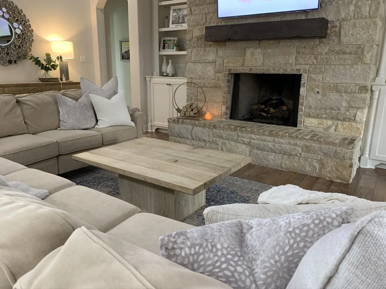 Top view of a custom hardwood slab coffee table in solid white oak with hand-scraped distressed surface and whitewash finish — beth & co. woodworks, Sierra Vista, AZ