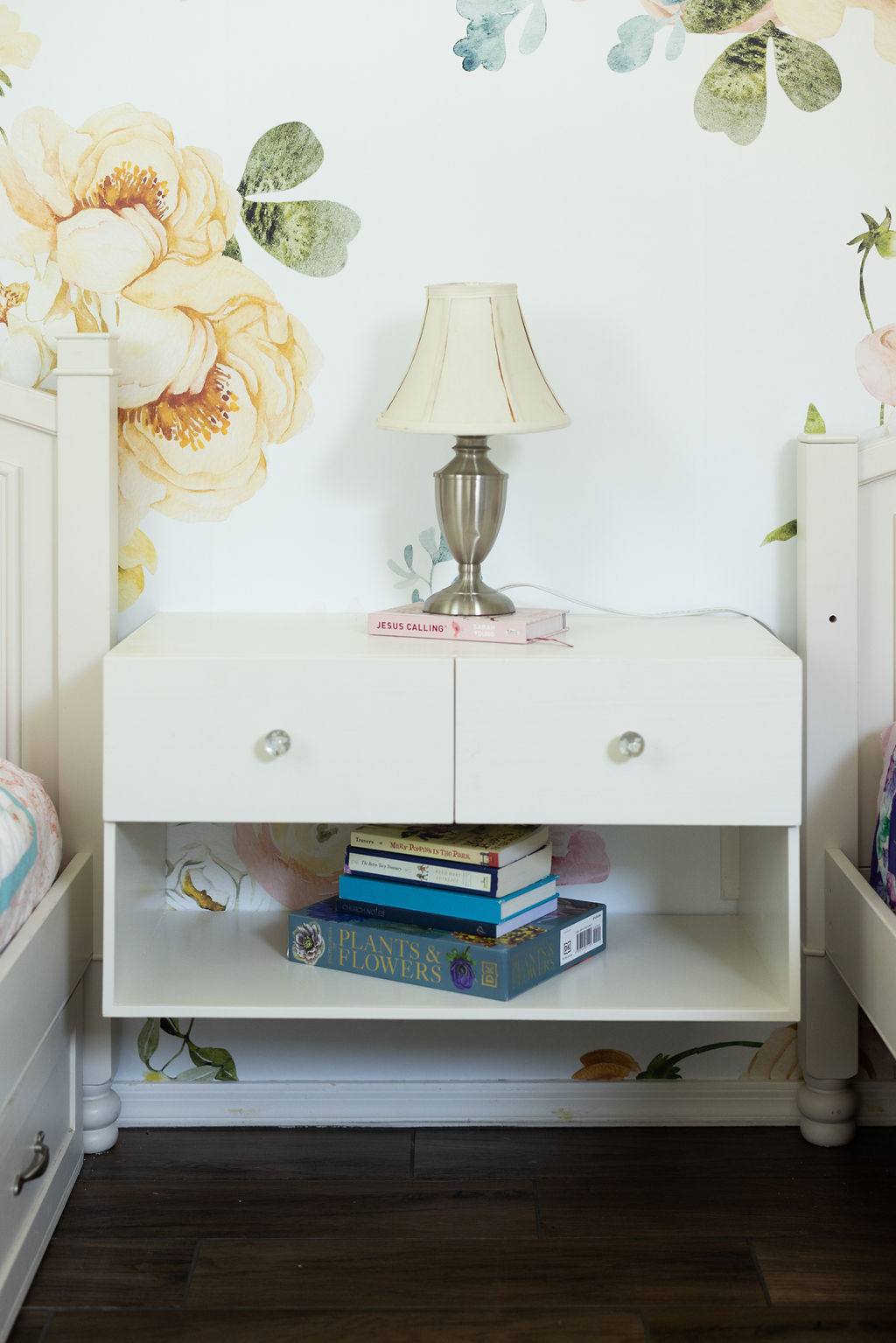 Close-up front view of a custom nightstand with shelf and drawer in paint grade poplar with white painted finish — beth & co. woodworks, Sierra Vista, AZ